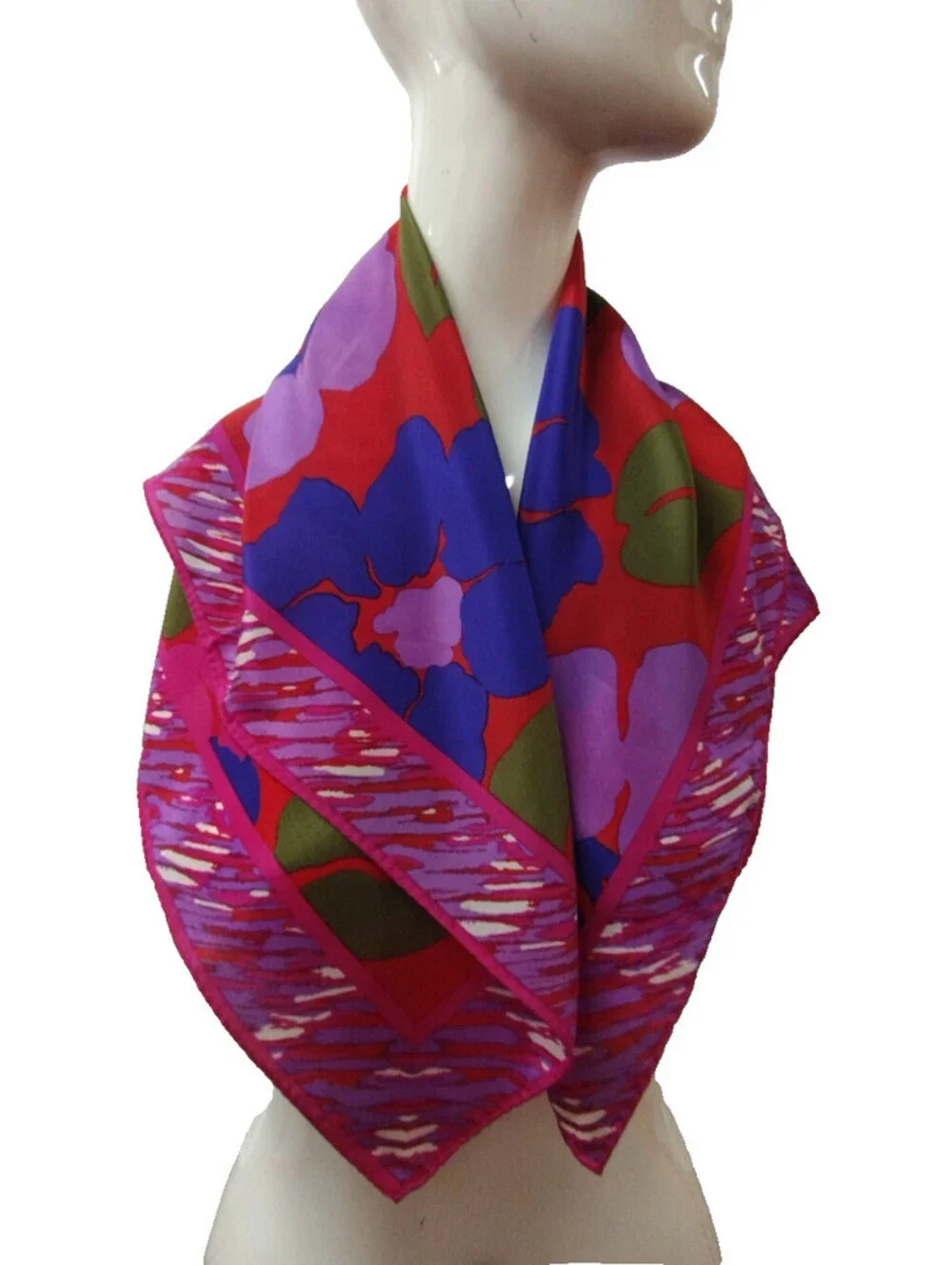 Vintage All Silk Fuchsia Scarf Cobalt Lavender Red Vibrant POP ART FLORAL BORDER